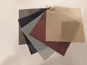 Flokk material display in brown, red, green, black and grey