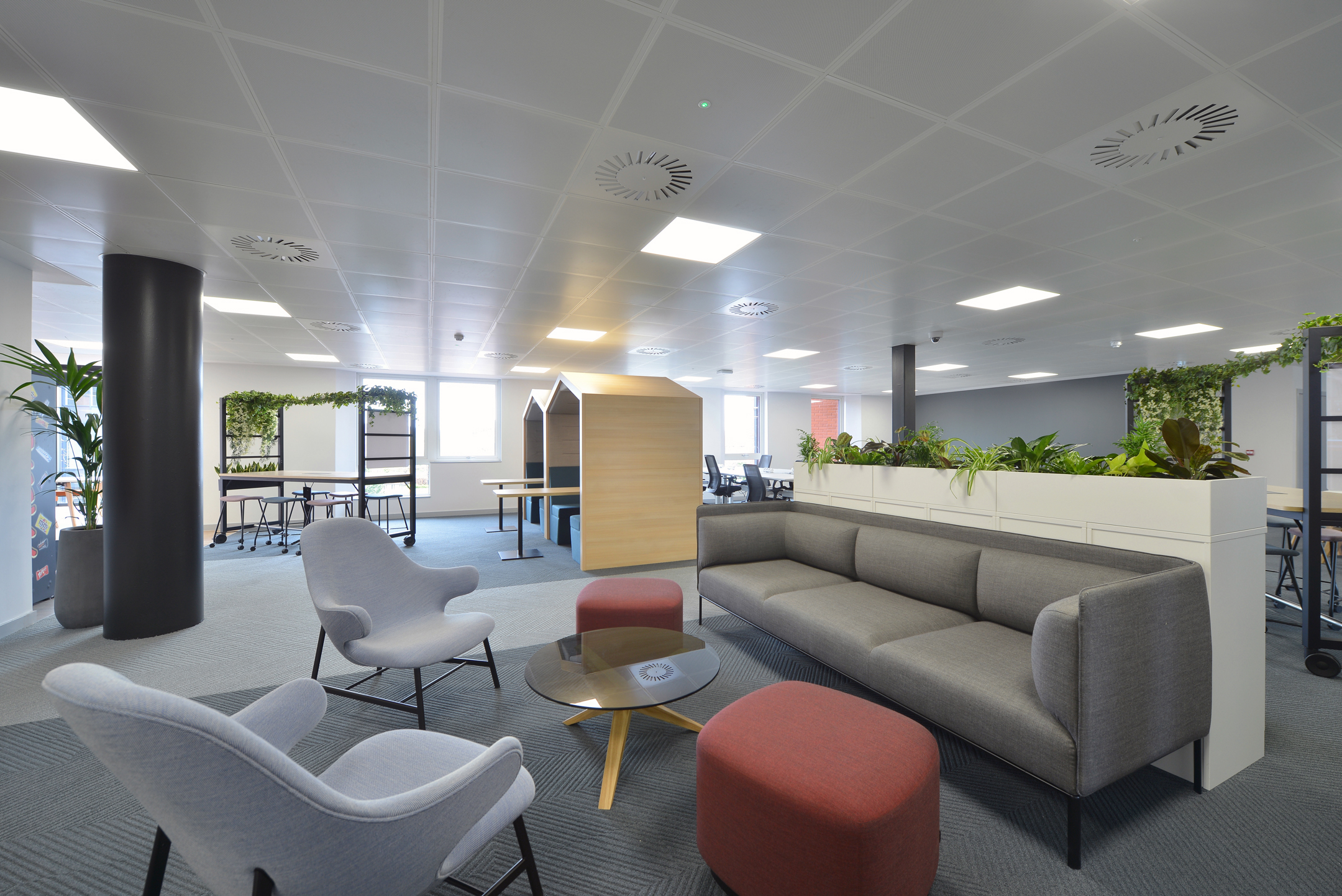 Soft seating and collaborative furniture in the open-plan breakout space at Fujitsu Edinburgh