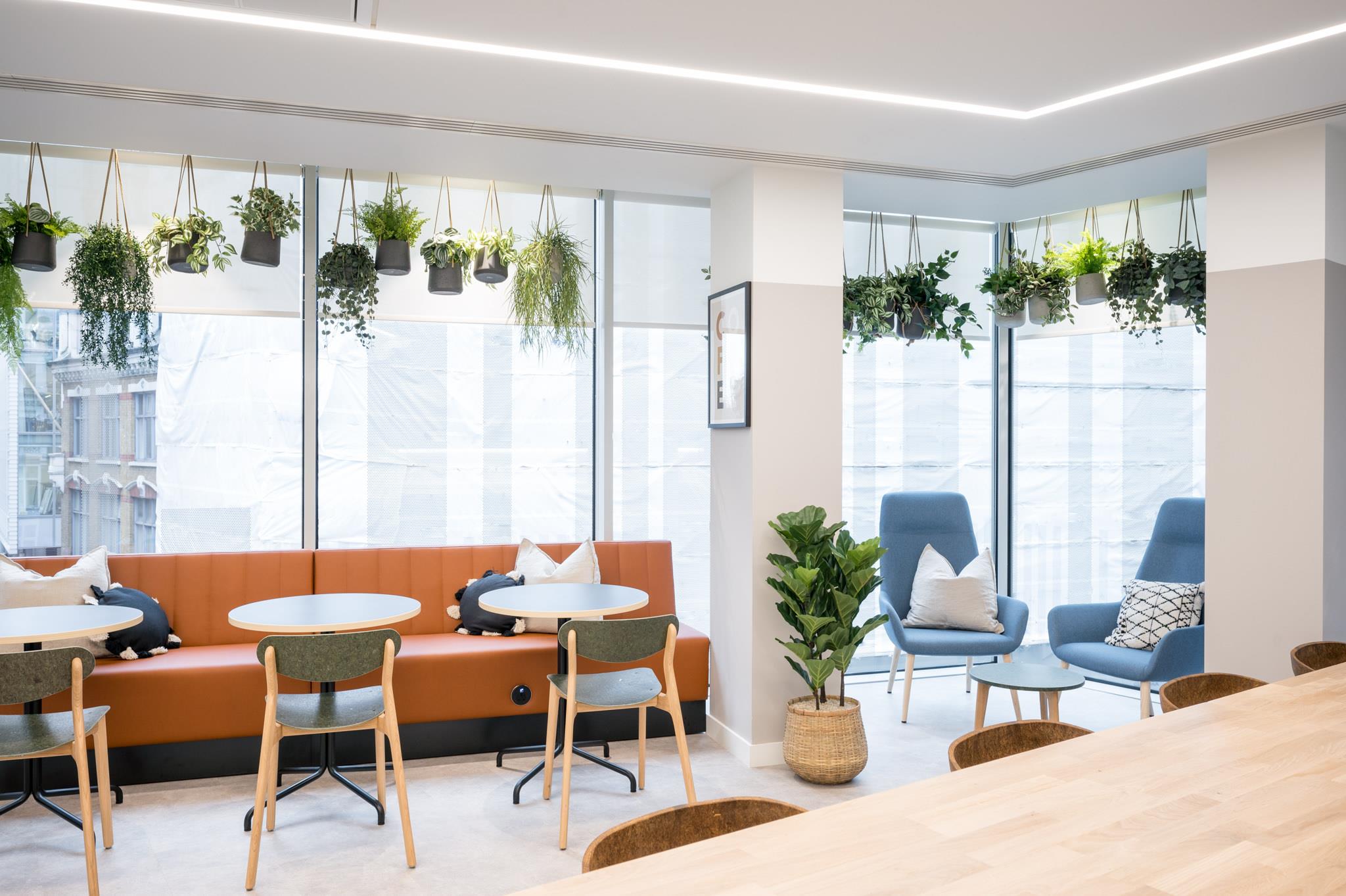 Breakout area at Platfform’s 70 New Oxford Street, with orange banquette seating, light timber furniture and a ceiling of hanging greenery.