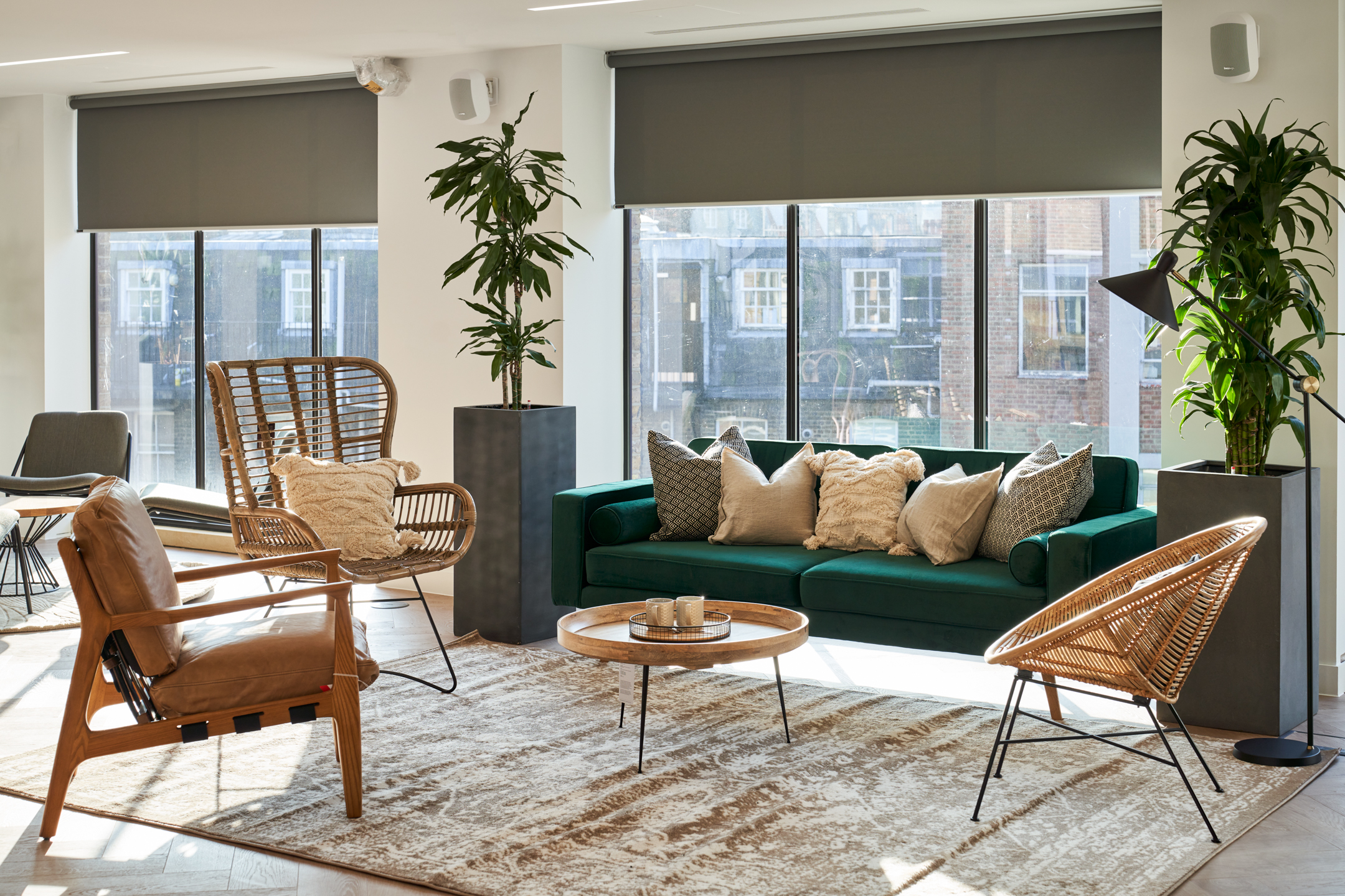 Breakout space for Adyen furnished by Platfform, with a green velvet sofa, rattan chairs, and layered soft textures that bring warmth to the workplace.