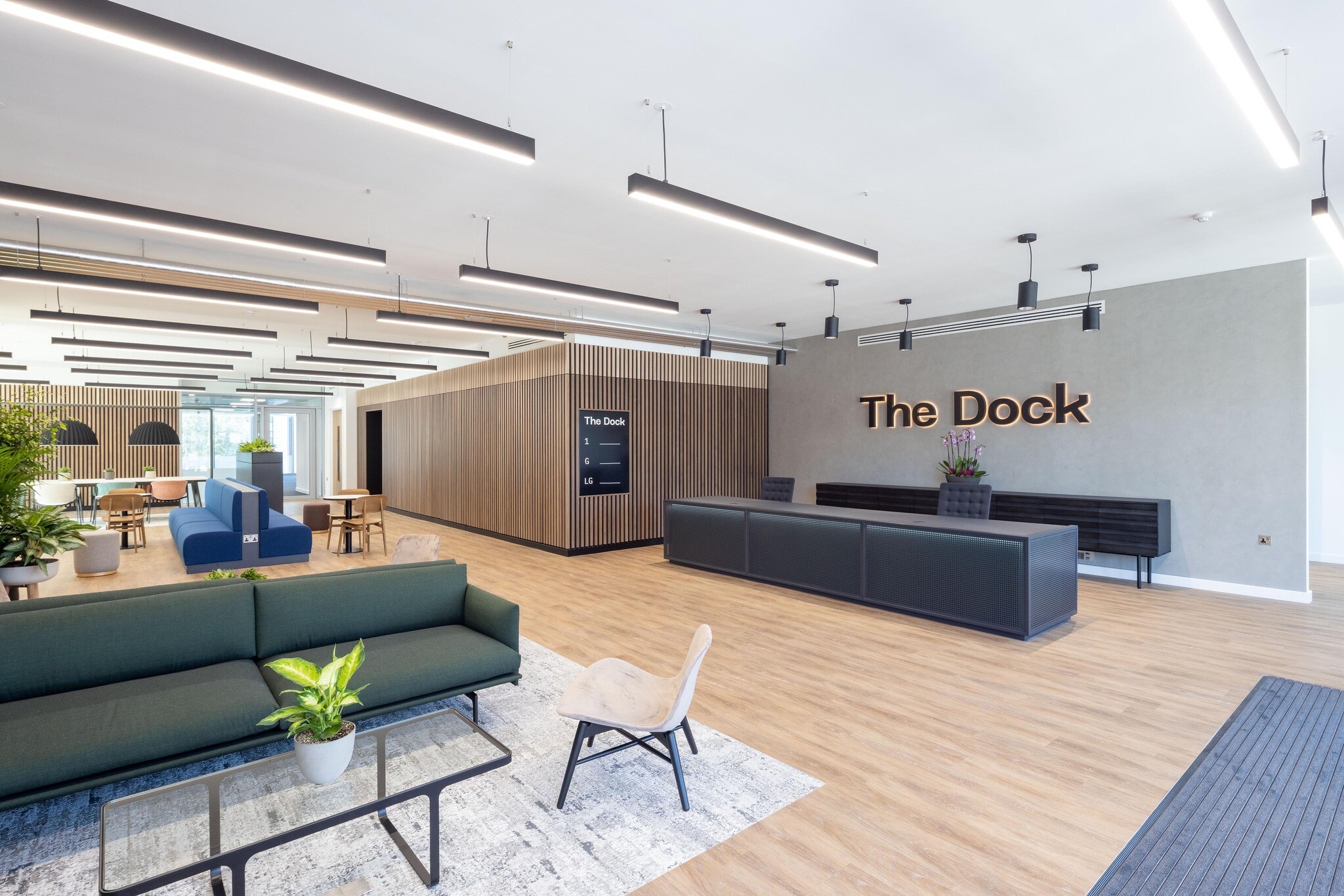 Reception area at The Dock for Alchemy Asset Management, featuring contemporary furniture by Platfform and a bold illuminated wall sign in a light-filled welcome space.