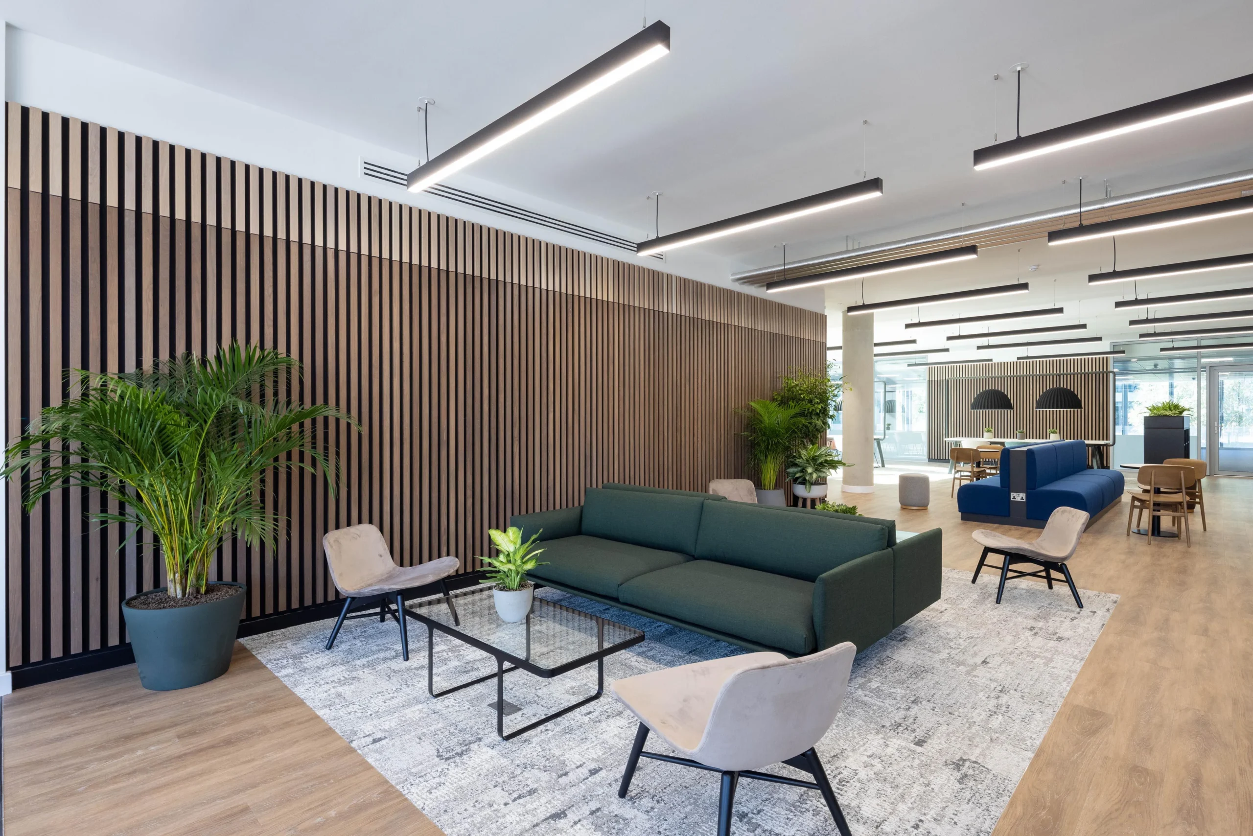 Lounge area at The Dock designed for Alchemy Asset Management, with soft seating and statement greenery sourced by Platfform to bring comfort and warmth to the workplace.