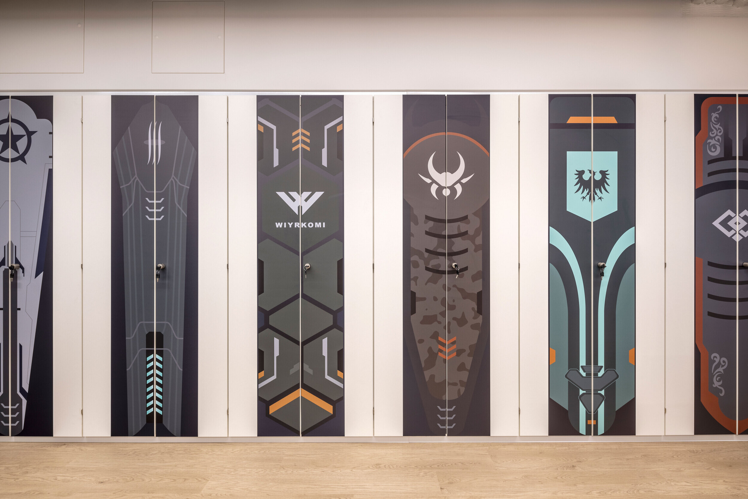 Custom-designed graphic lockers in CCP Games’ office that reflect the company’s gaming brand and unique identity.