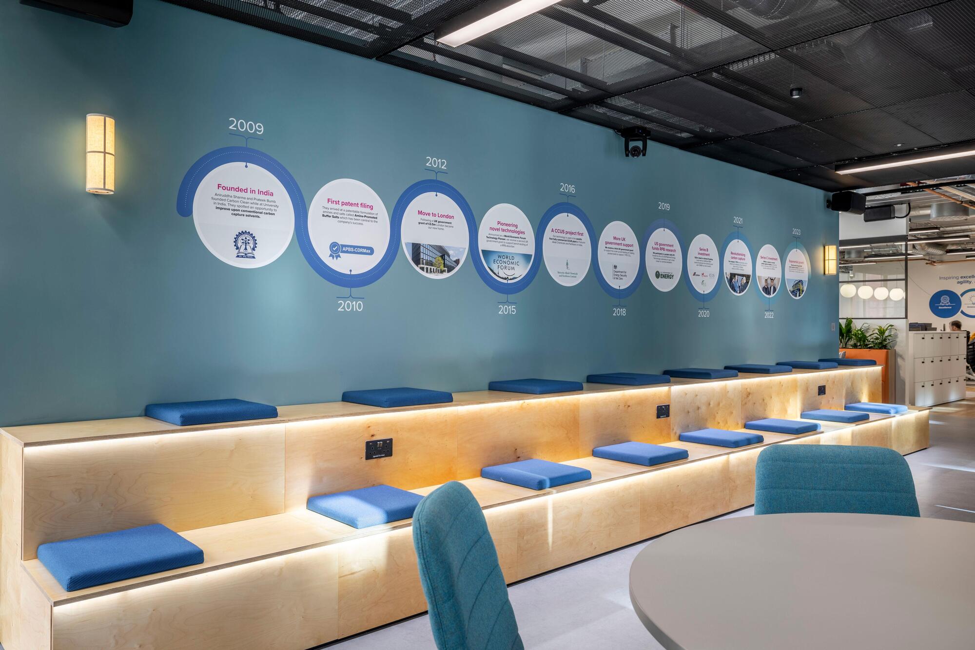 Tiered seating with blue cushions at Carbon Clean, designed for presentations and informal catchups, with furniture supplied by Platfform.