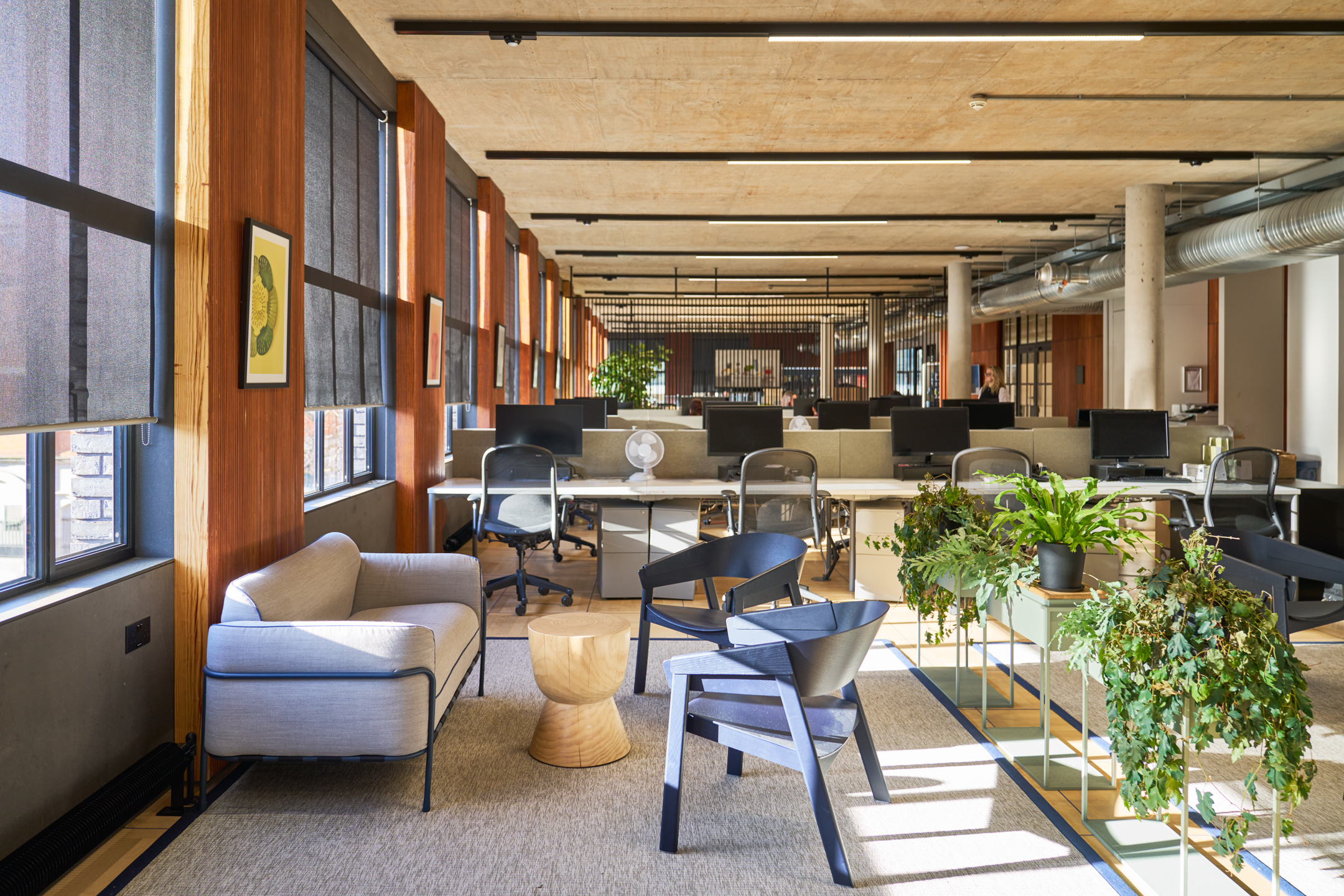 The open-plan office space at Joseph Joseph, with furniture by Platfform, combining modern workstations, indoor plants, and wooden accents for a dynamic and biophilic workplace.
