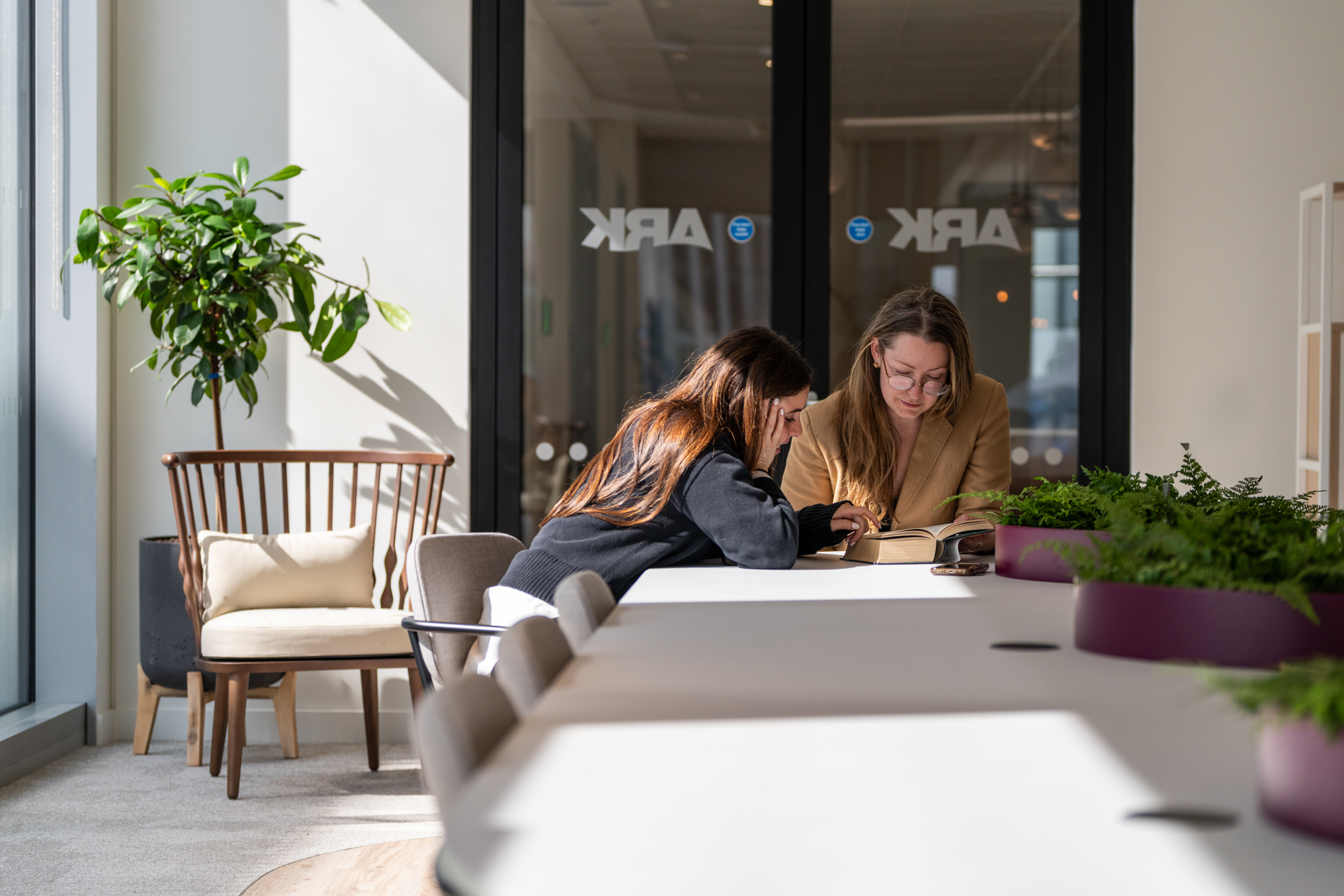Ark Syndicate collaboration table with built-in planters and soft seating captured during a quiet moment of focus and natural light.