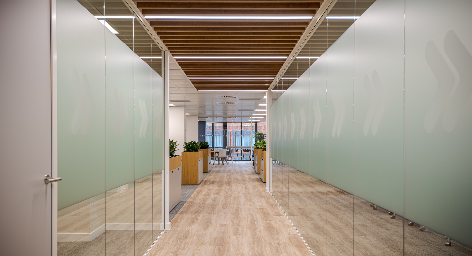 Runway-inspired hallway at Accelya with timber slat ceiling and glazed partitions, echoing flight paths through Platfform’s subtle aviation cues.