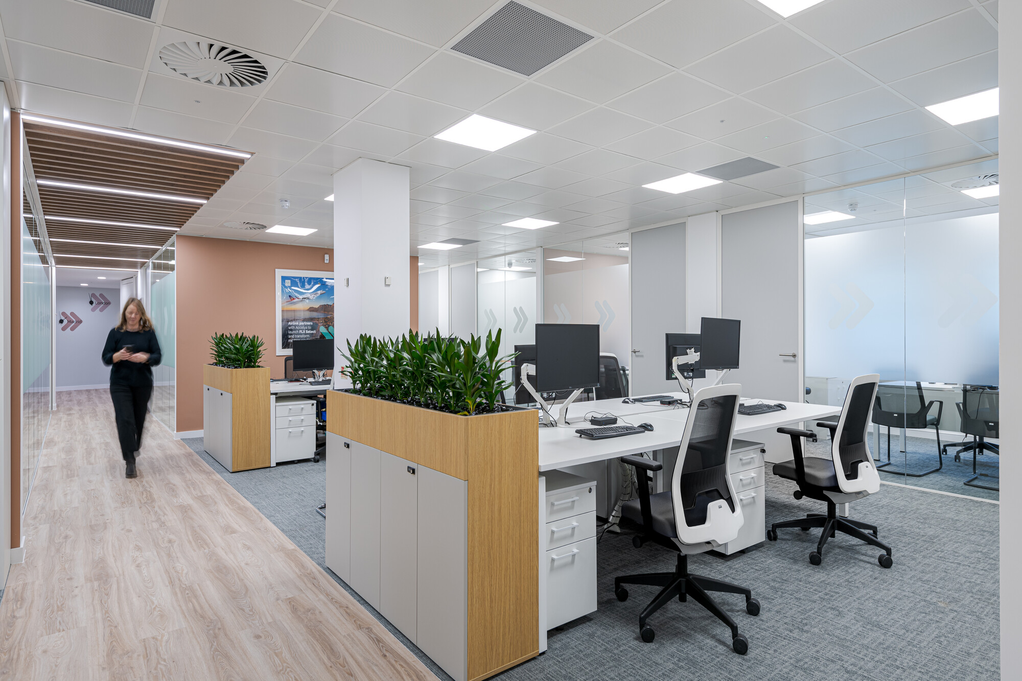 Open plan office at Accelya with mesh task chairs, white desks and planted dividers, furnished by Platfform with a clean, aviation-influenced layout.