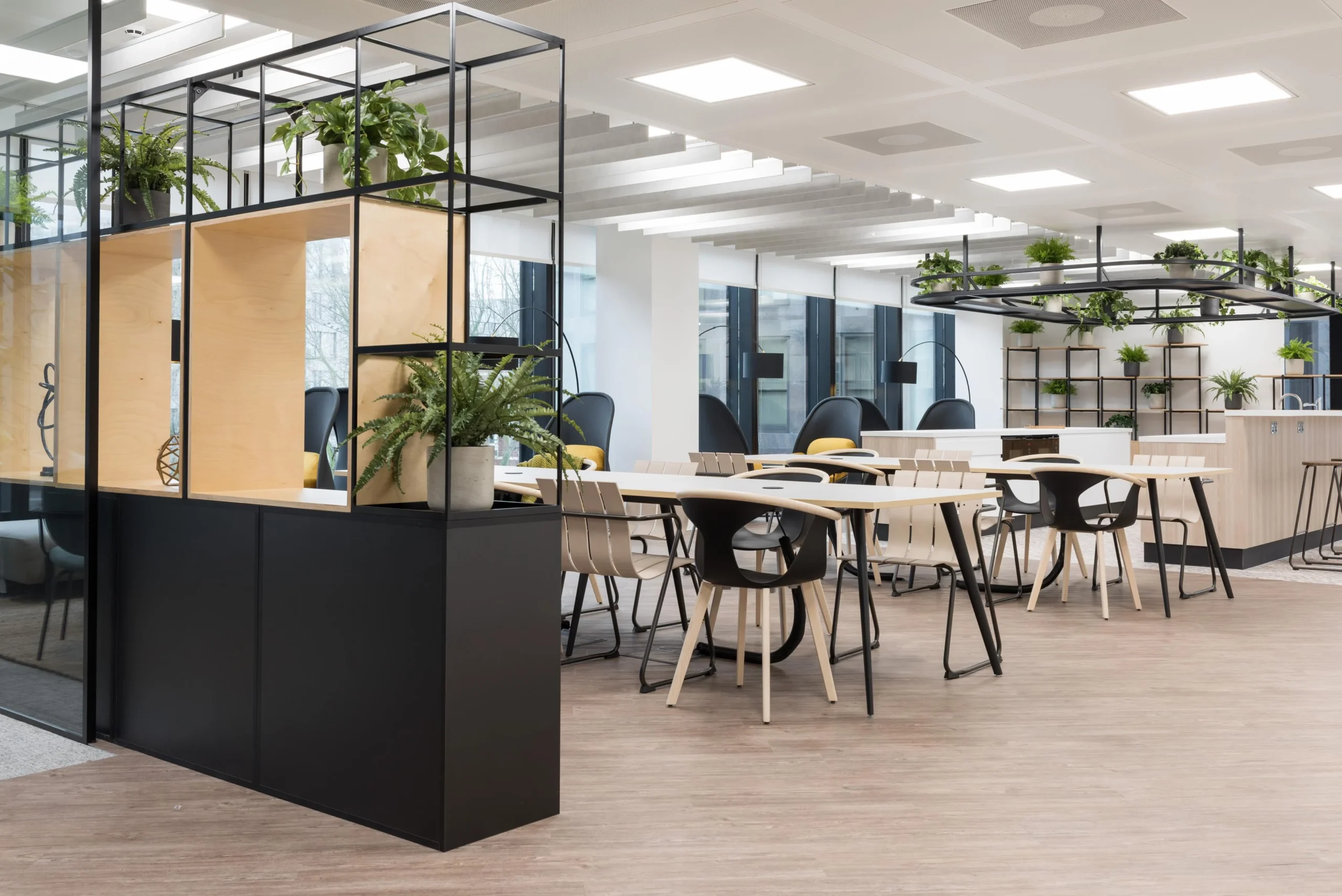 Breakout area furniture for London & Oriental, including open black-framed shelving, timber tables, mixed seating and biophilic elements throughout the space.