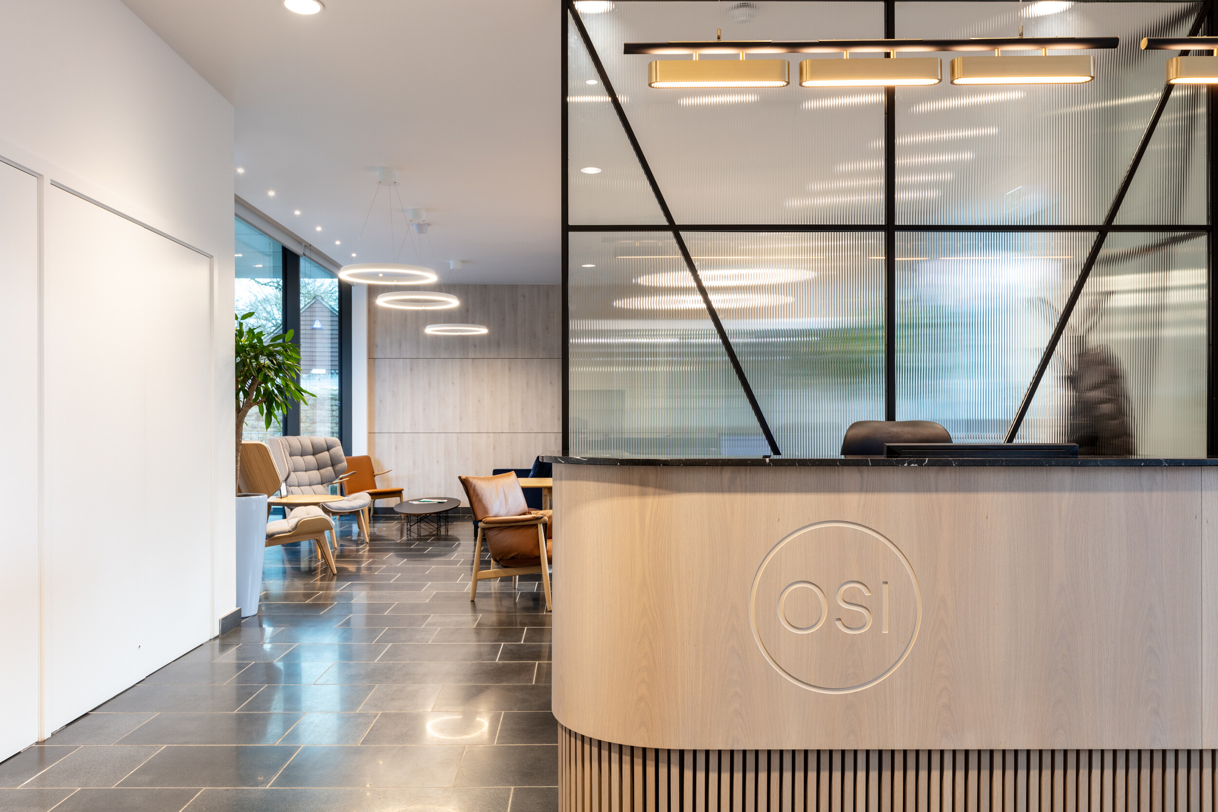 OSE reception area with bespoke timber desk, soft seating in tan and grey, and layered lighting set against a modern glazed partition.