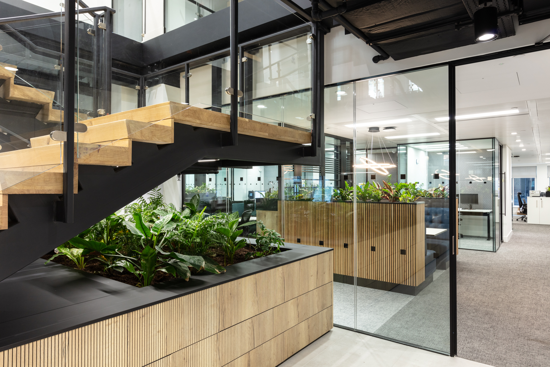 Glazed meeting areas and leafy planters for Russell Reynolds Associates, with furniture by Platfform helping soften transitions between zones.