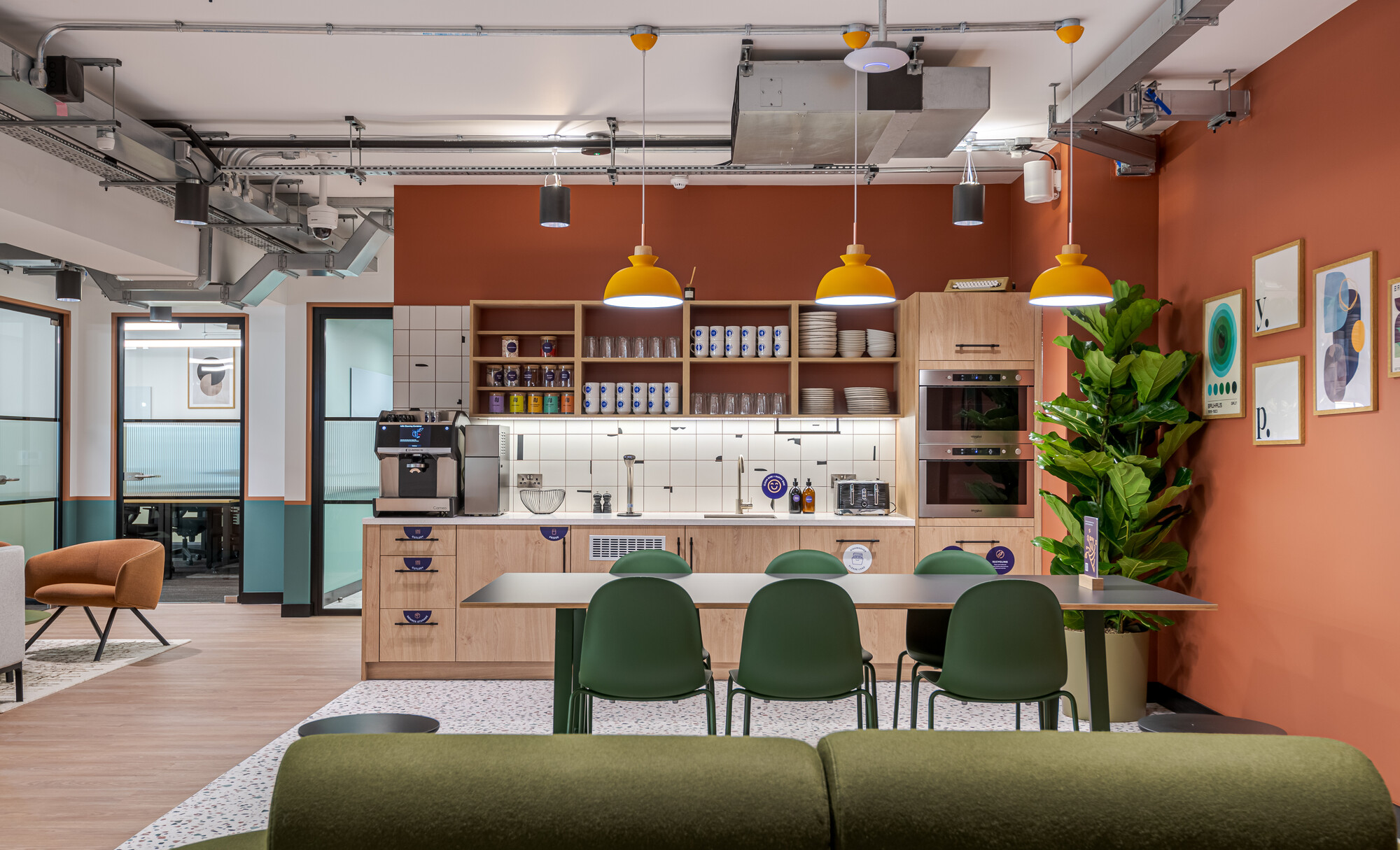 Work.Life Typewriter kitchen with bold colour palette, layered textures and furniture that brings modern rhythm to a heritage office setting.