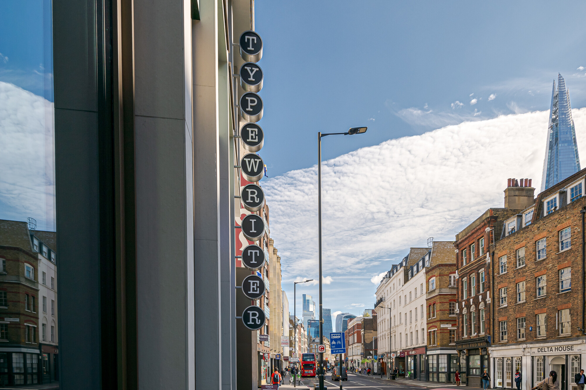 Work.Life Typewriter exterior signage on a historic Clerkenwell street, blending local character with modern workspace identity.