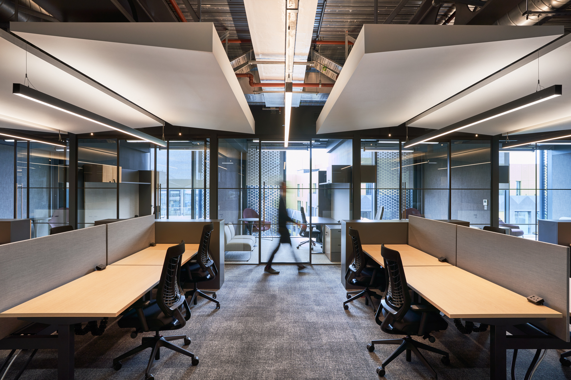 Open-plan desking at United Talent Agency with ergonomic task chairs and acoustic panelling, all supplied by Platfform to support focused, agile work.