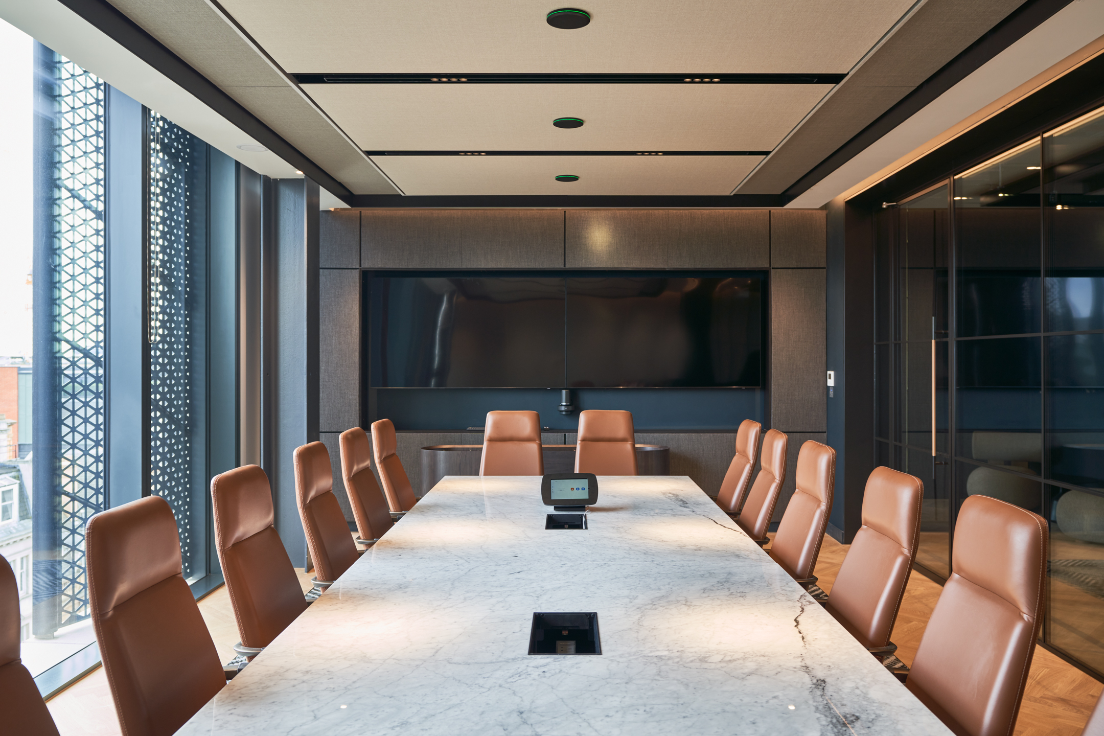 United Talent Agency’s boardroom with a marble table and caramel leather chairs, supplied by Platfform for a polished, executive finish.