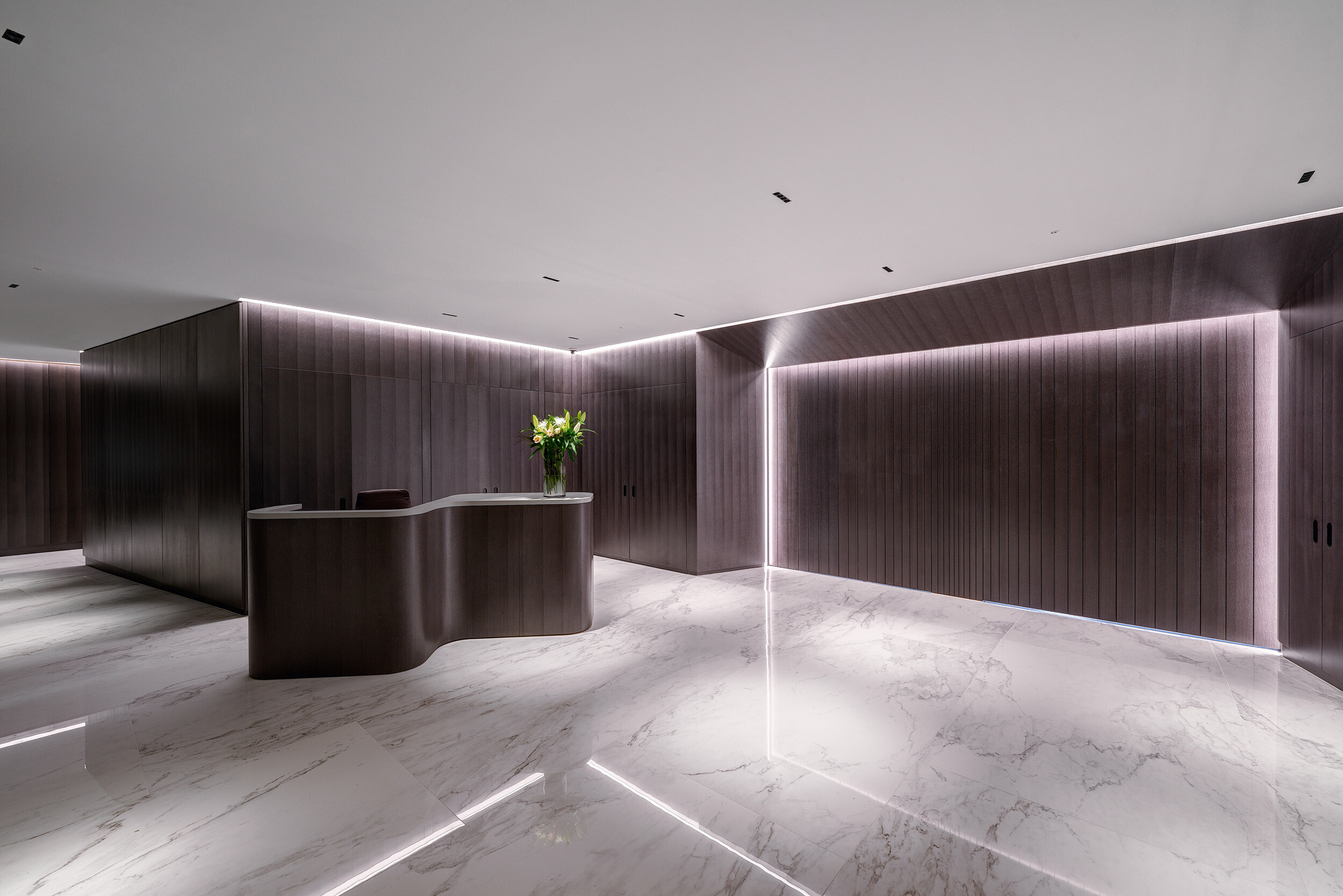 Wide-angle view of Vedanta’s reception space with bespoke furniture and soft backlighting, highlighting the polished marble floor and curved front desk.