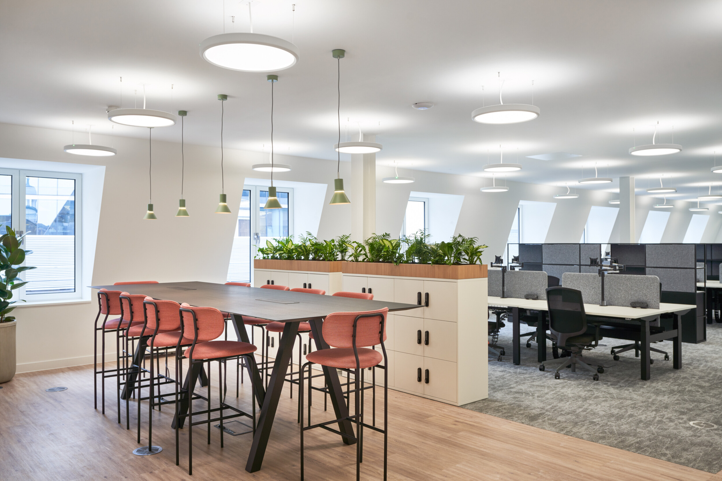 Breakout area at 3 St Helens Place for The Leathersellers, with furniture by Platfform, combining soft seating and low tables to support informal meetings and agile use.