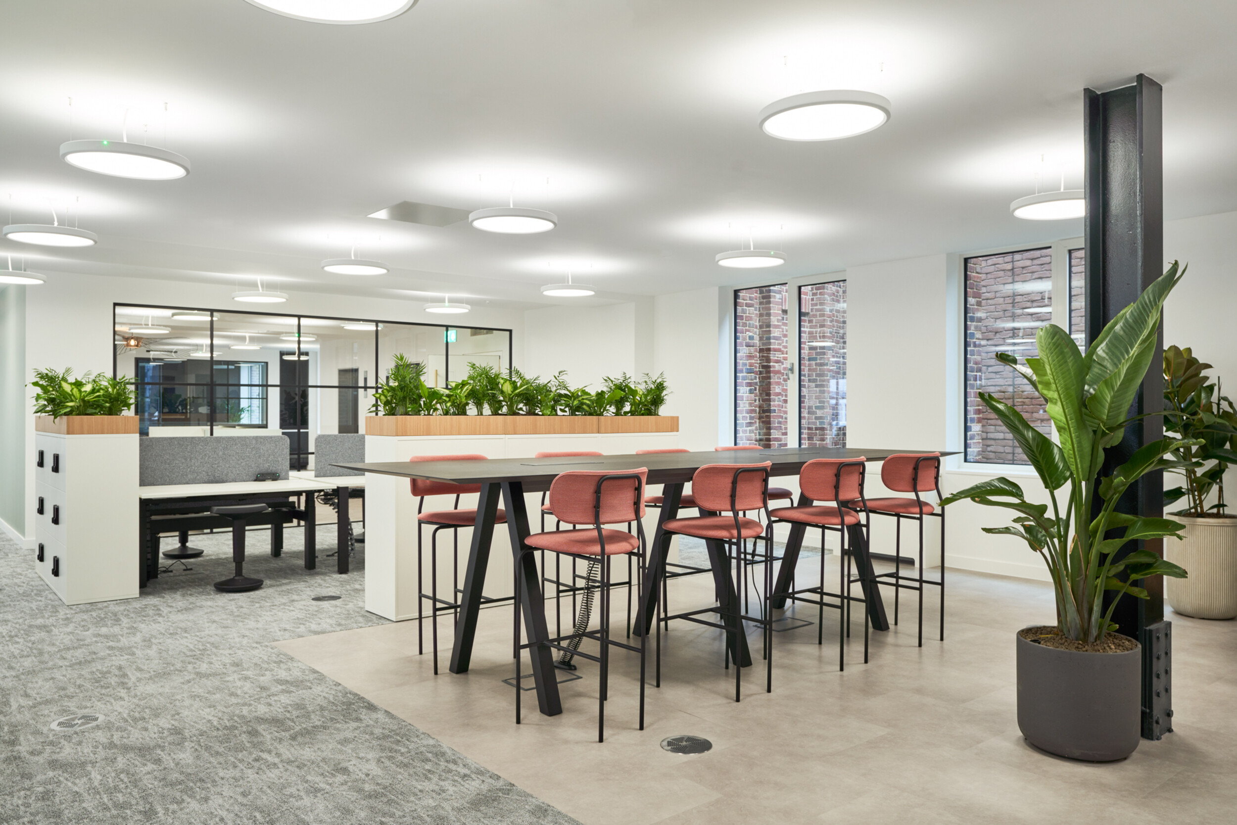 Breakout area at 3 St Helens Place for The Leathersellers, with furniture by Platfform, combining soft seating and low tables to support informal meetings and agile use.