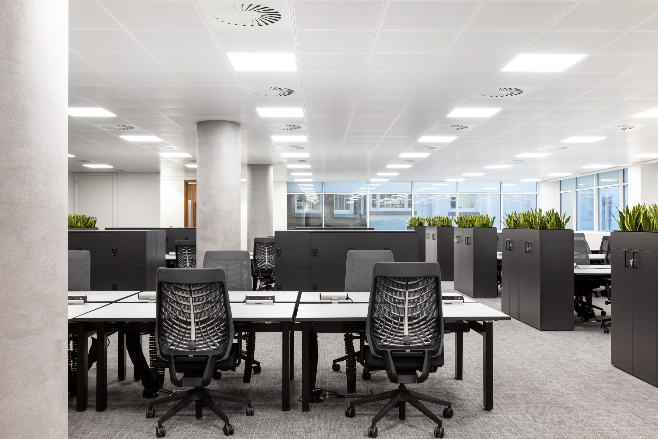 Open-plan office space at 7 Bishopsgate Level 2 for BGO, delivered by Platfform, with circular motifs, multi-height hot desking, and ergonomic furniture to support hybrid working.