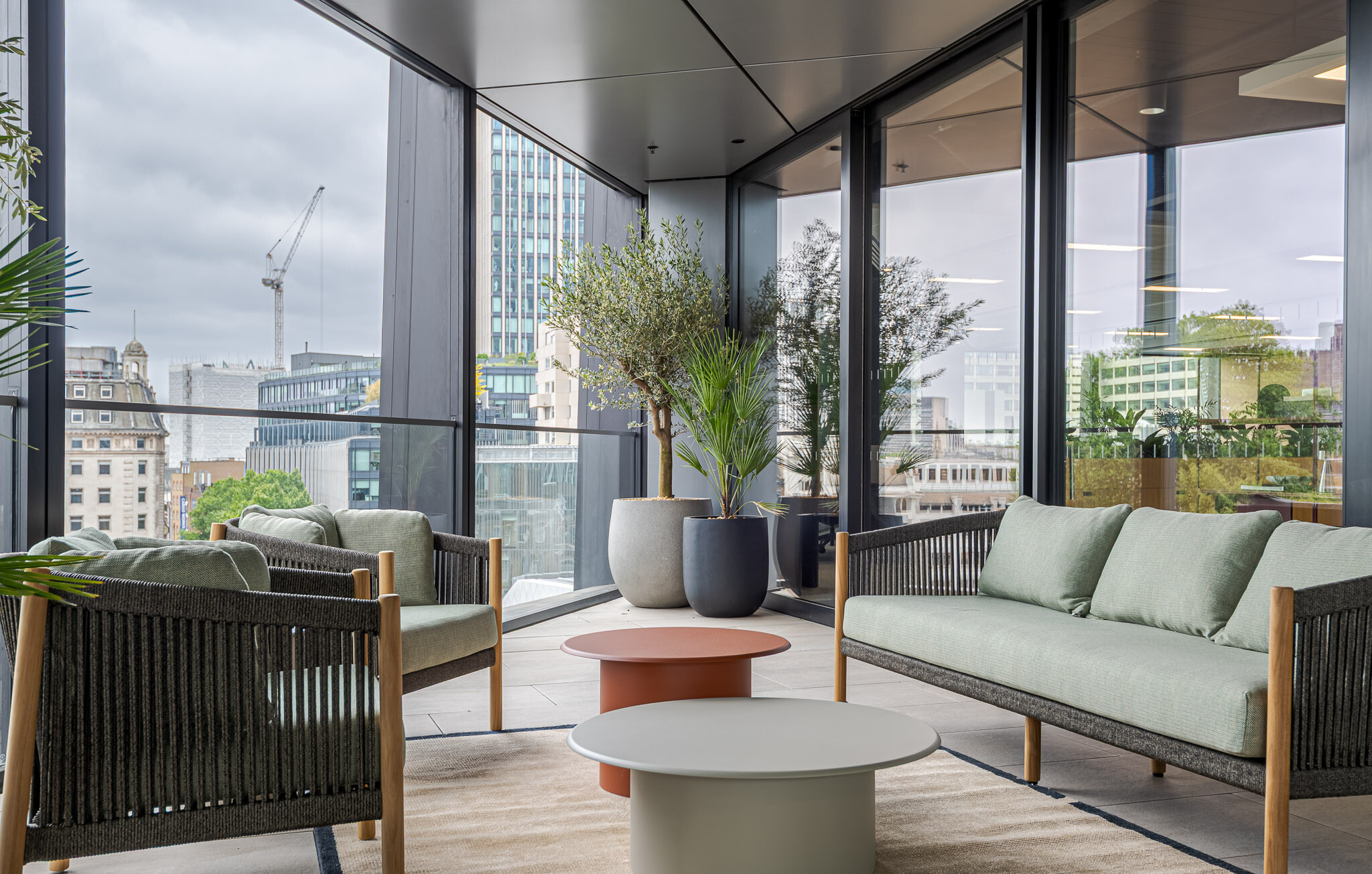 Outdoor terrace at Arbor’s Tenant-Ready™ workspace, furnished by Platfform, with rope-frame seating, sage green cushions, round coffee tables and potted olive and palm trees.